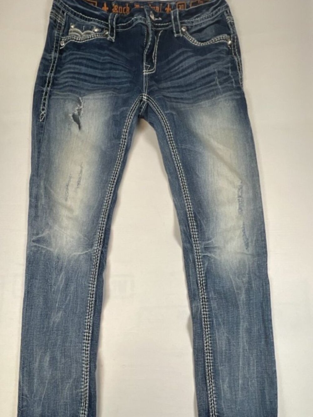 Rock Revival Jeans Womens 30 Blue Fay Easy Cuff Skinny Embellished Pocket